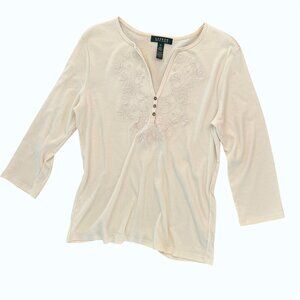 Lauren Ralph Lauren Embroidered V Neck Quarter Sleeve Tee Tunic Size Medium
